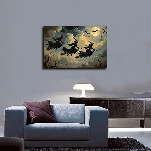 Miniatura 8 de Impresión de tres brujas voladoras Moody Witch in The Forest Imágenes para decoración de pared de Halloween, lienzo de bruja espeluznante, pintura