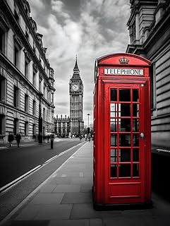 Black and White & Red Red Telephone Booth and Big Ben in London Street (3) 5D Adult Diamond Art,DIY Diamond Art Painting Kit for Decor Canvas 11.7x15.7inch/30x40cm