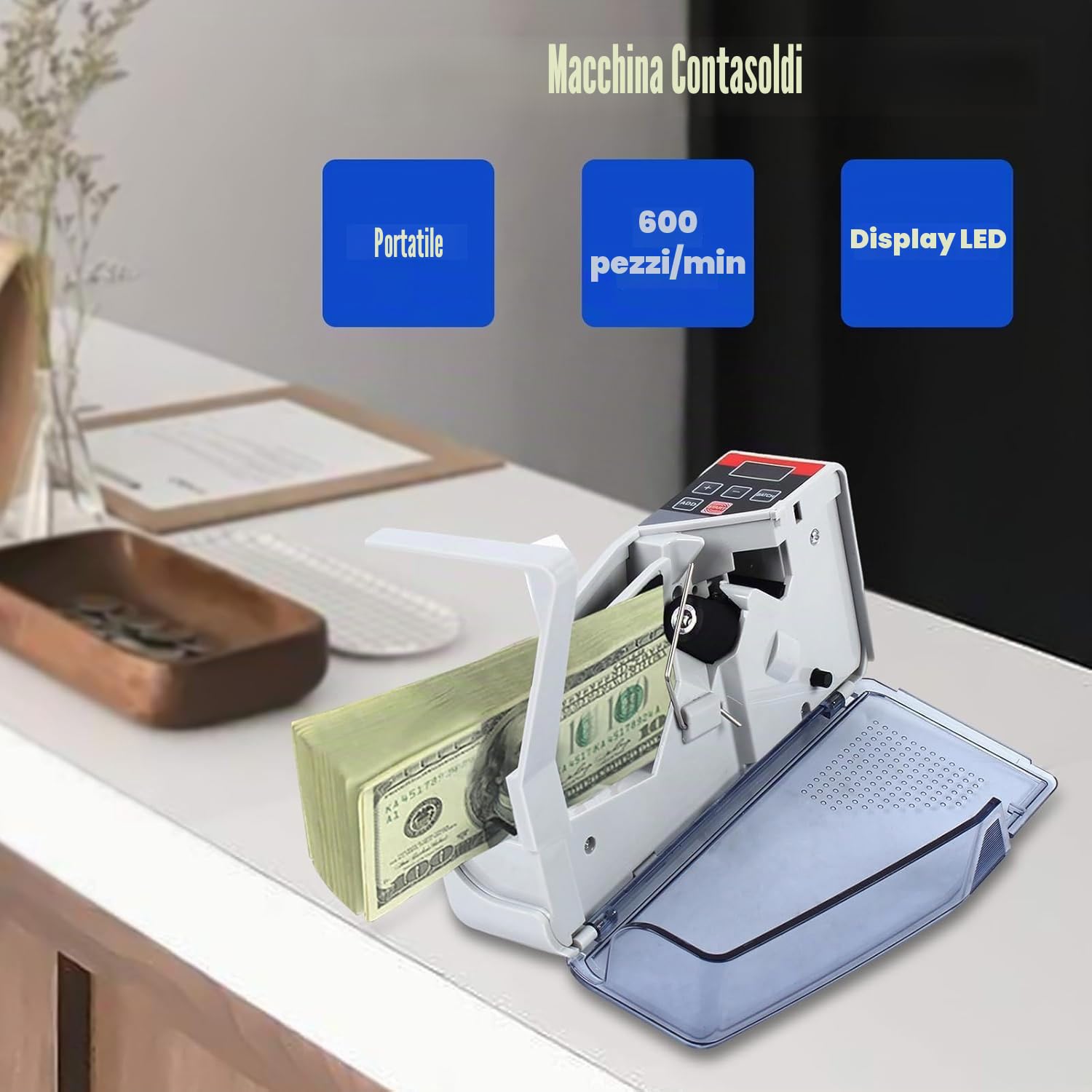 Macchina contasoldi ad alta velocità, conta banconote portatile da 600 banconote/minuto con batteria e alimentazione CA, design compatto for ufficio, vendita al dettaglio, attività commerciali