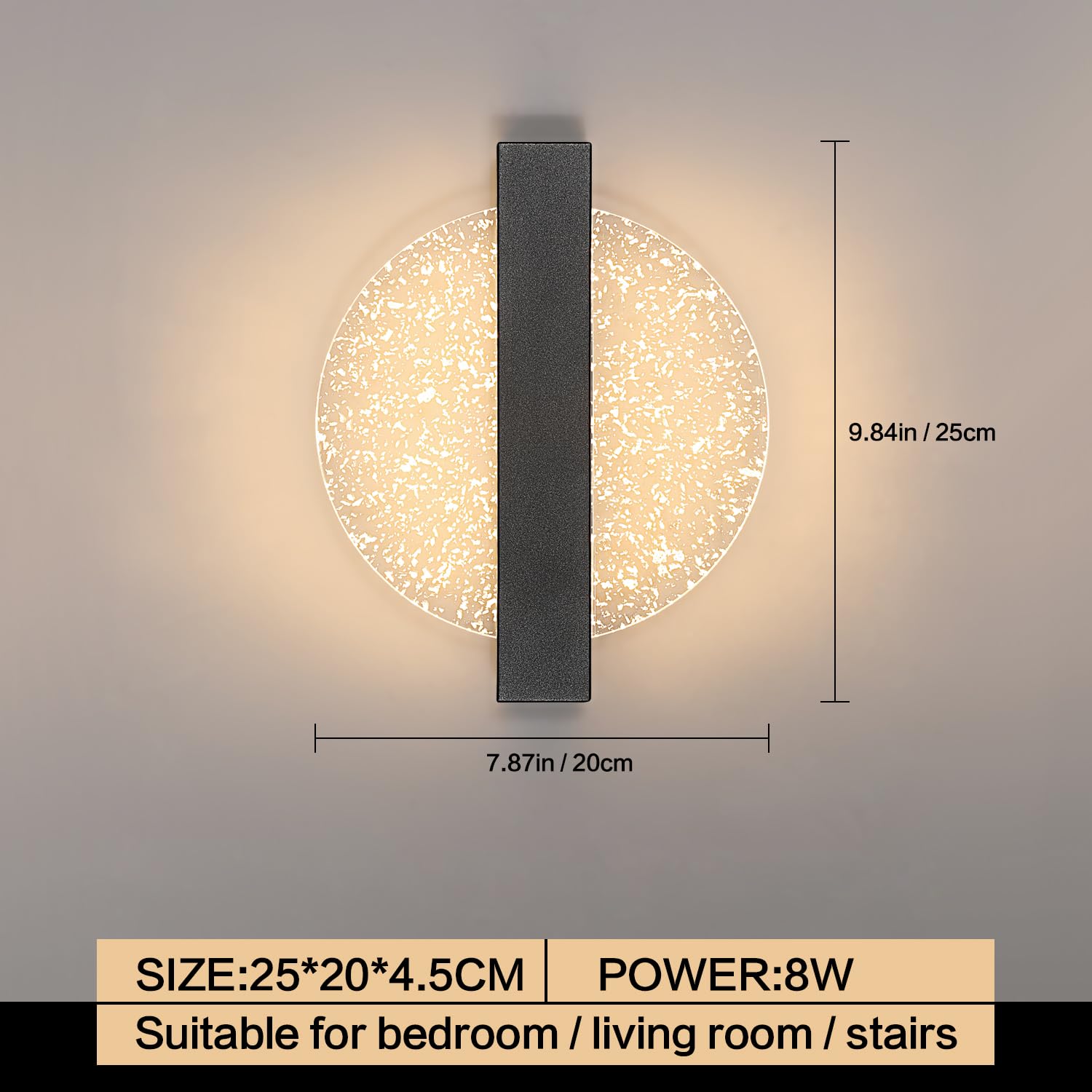 Lampy ścienne LED ściemnialne do wnętrz, 12W okrągła kreatywna akrylowa lampa ścienna LED 3000K-6500K, lampa ścienna nowoczesna lampa nocna czarna do salonu, sypialni, klatki schodowej, przedpokoju.