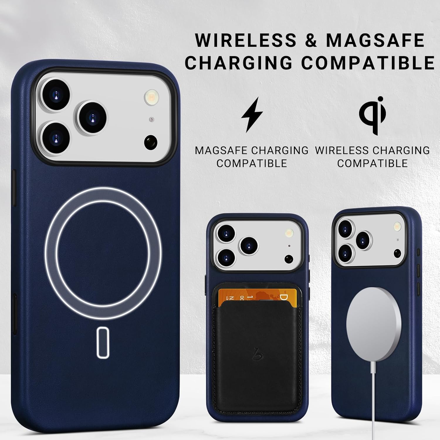 Belemay Handcrafted Full-Grain Vegetable-Tanned Leather Case for iPhone 17 Pro Max, Compatible with MagSafe, Two-Tone Effect, Natural Patina, Camera Control Button, Metal Buttons (6.9"), Navy Blue - Image 6