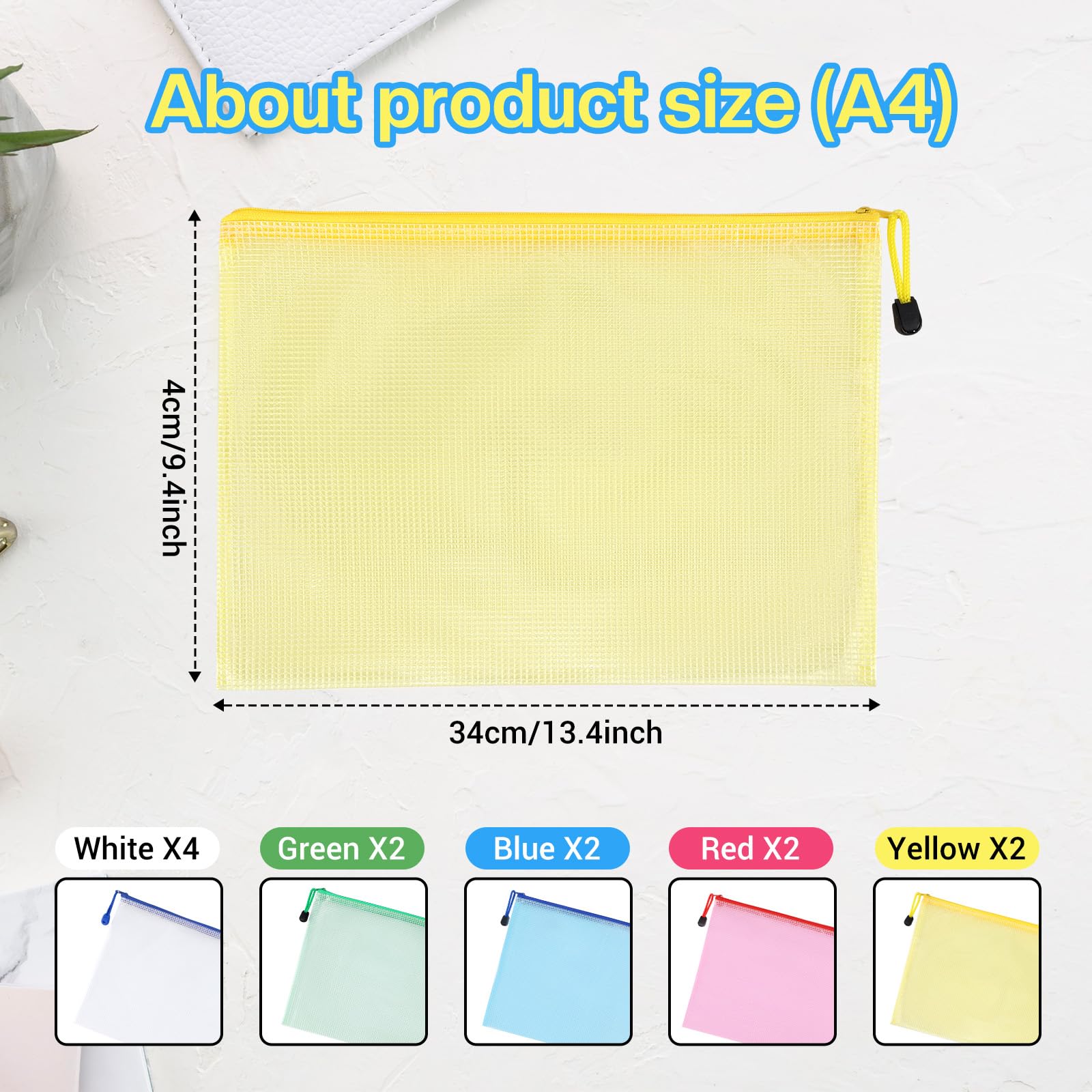 12 Stück Wasserdichte Dokumententasche A4 - Zanfqvo Dokumentenmappe A4 Mesh Kunststoff - Beutel mit Reißverschluss und Etiketten - für Datei, Papier, Reise, Schminktasche (5 Farben)