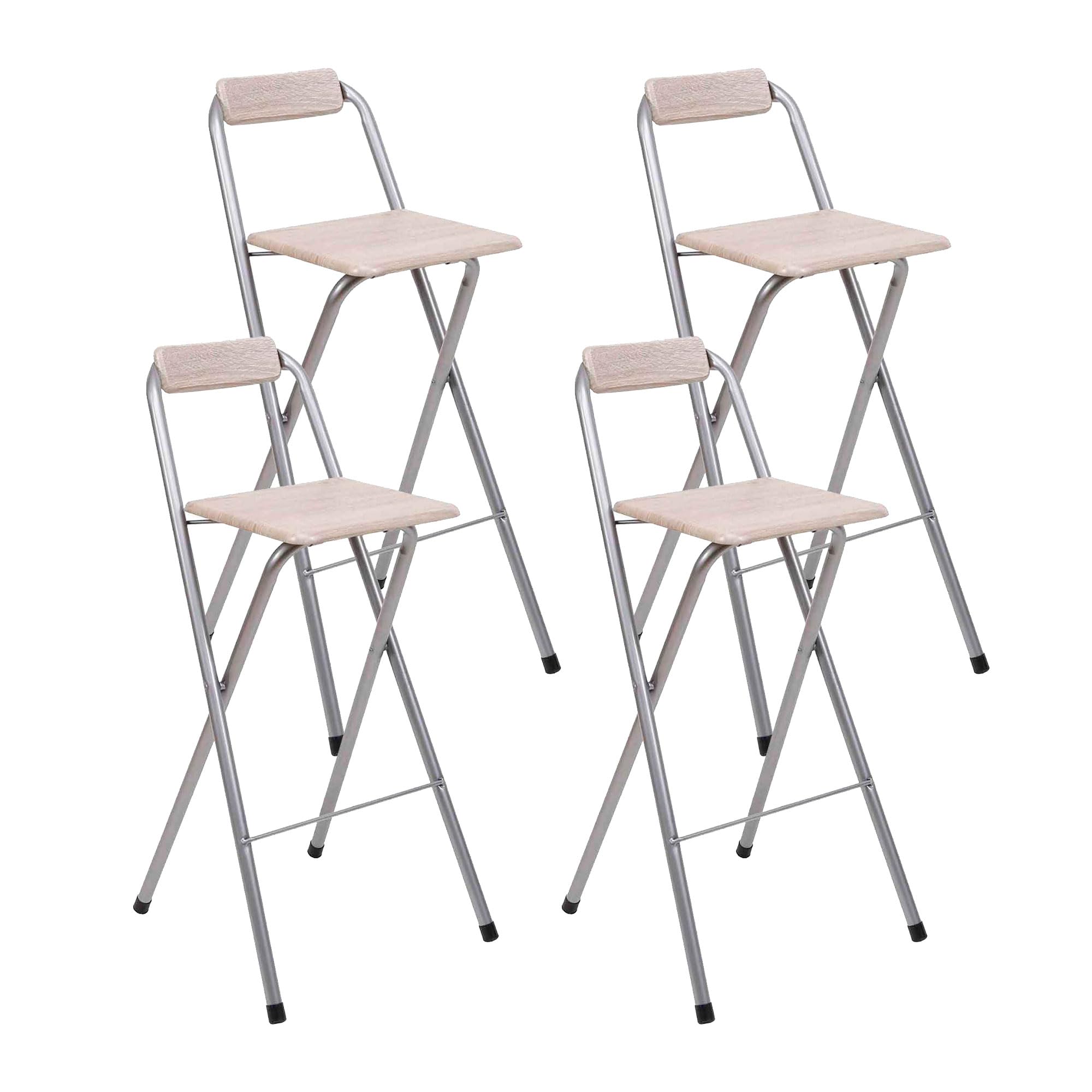 THE SECRET HOME - Pack de 1,2 y 4 Taburetes Altos con Respaldo- Asiento Plegable de Metal y Madera - Ideal para Cocina (4, Madera Clara/Plateado, 49x97x47cm)