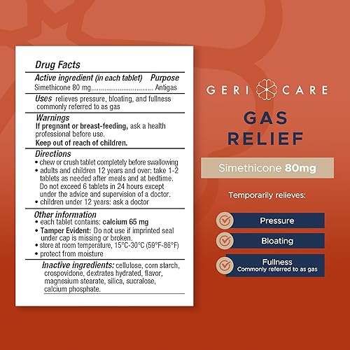 Miniatura 7 de GeriCare Simeticona - Tabletas masticables de alivio de gases de 80 mg  Alivio rápido para gases, hinchazón y molestias  Masticables anti-gas