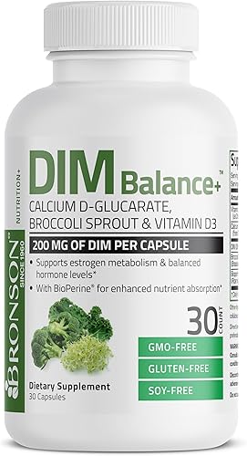 Bronson DIM Balance+ D-glucarato de calcio, brotes de brócoli y vitamina D3 200 mg de DIM por cápsula apoya el metabolismo de estrógeno y los