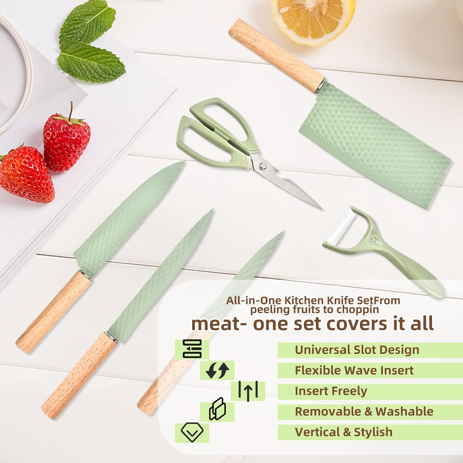 Kitchen Knife Set with Block, 7-Piece Kitchen Knife Set for Chef with Universal Knife Block, Anti-Rust Kitchen Knife Block Set, Ergonomic Design - Image 2