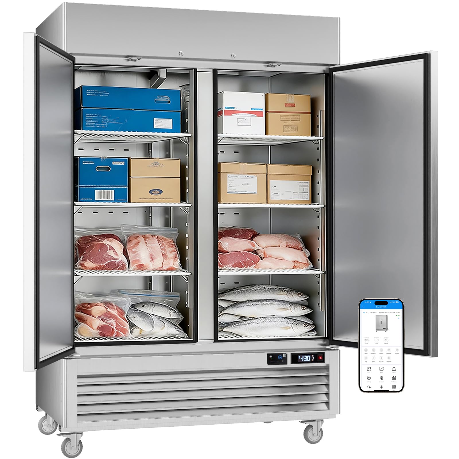 VEECOOL 54" W Commercial Reach in Freezer WiFi Enabled with Smart App Control, 49 Cu.Ft Fan Cooling Stainless Steel Solid Door Upright Freezer for Commercial Restaurant Cafe Kitchen Garage