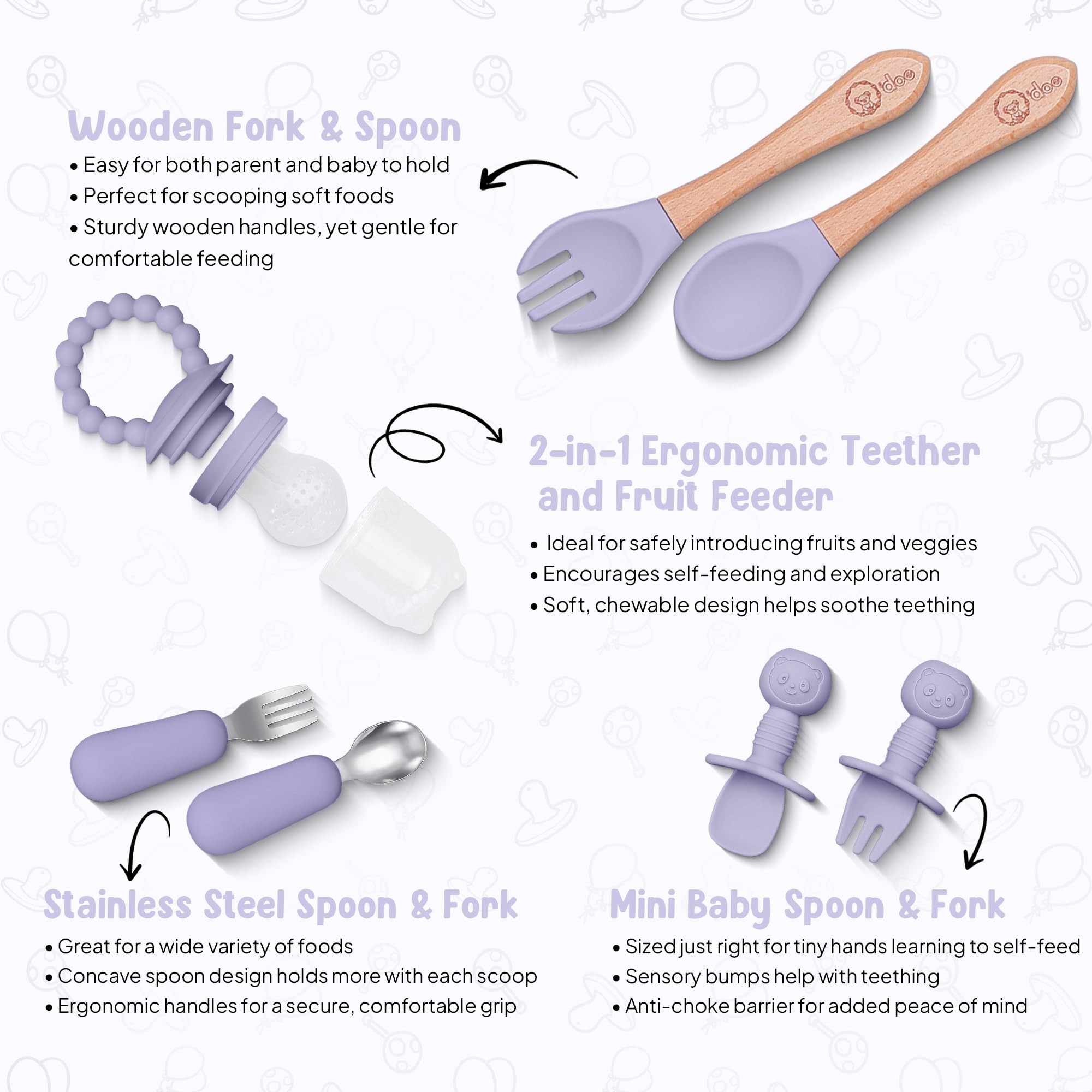 o'doe Baby LED Weaning Accessories for Toddlers, Baby Feeding Set, 17 Pieces, Silicone Baby Bowl, Self-Eating with Fruit Feeder Cup Bib Dinner Plate Set with Lid | Purple V2')