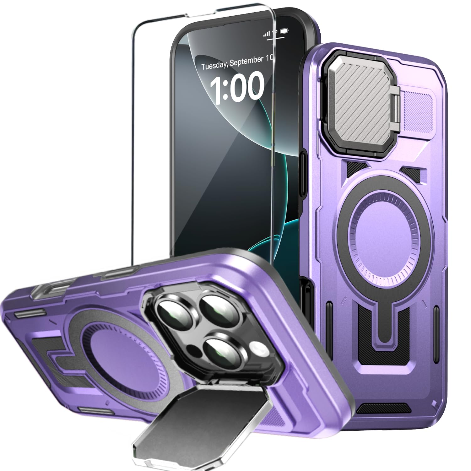 Watefull for iPhone 16 Pro Max MagSafe Case with Adjustable Metal Camera Lens Cover Stand with 1 Screen Protector,[Mil-Grade Protect] Rugged Heavy