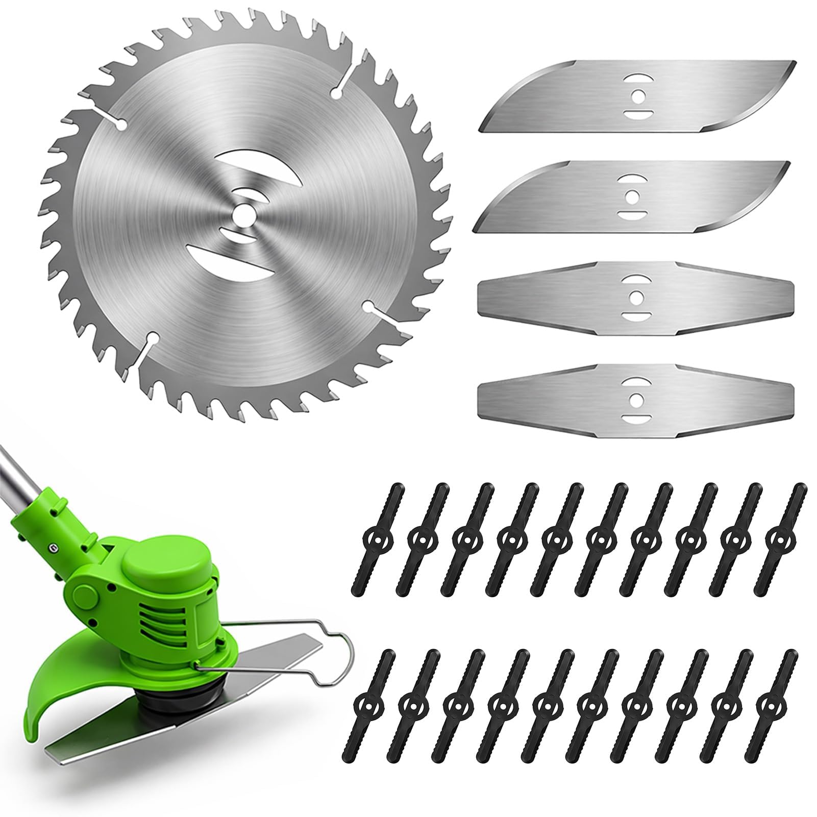 25 Piezas Cuchillas para Cortacésped Cuchillas de Repuesto con 20 Cuchillas Plásticas 2 Metálicas 2 en S y 1 Disco de Corte Cuchilla de Metal para Cortabordes Desbrozadora Electrica