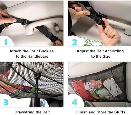 Miniatura 7 de AUTOXBERT - Bolsillo de red de carga para techo de automóvil, 35 x 26 pulgadas, ajustable, para techo de techo, bolsa de almacenamiento de