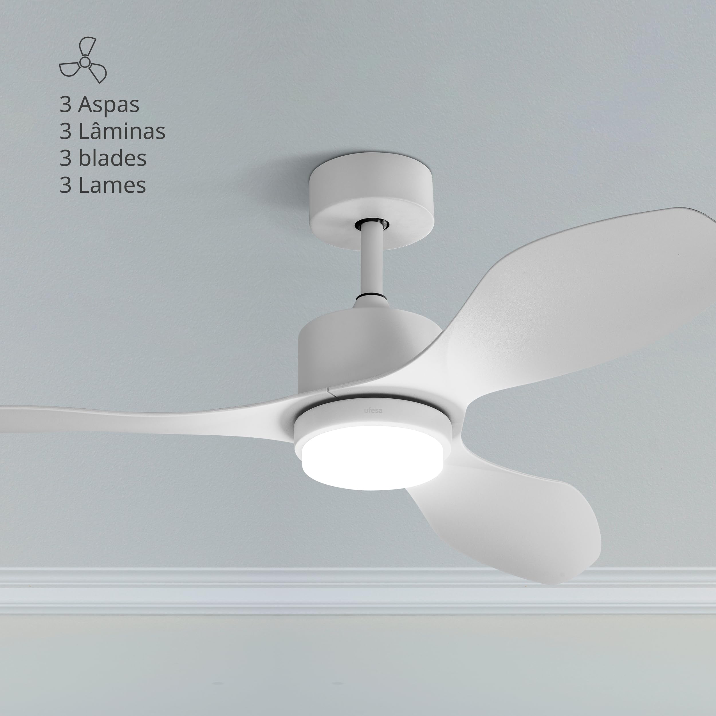 Ufesa Bután Ventilador de Techo con Luz, 30W, 6 Velocidades, Ultra Silencioso, 3 Aspas de 122cm, Función Verano - Invierno, Temporizador 8h, 3 Niveles Luz, Mando a Distancia, Blanco