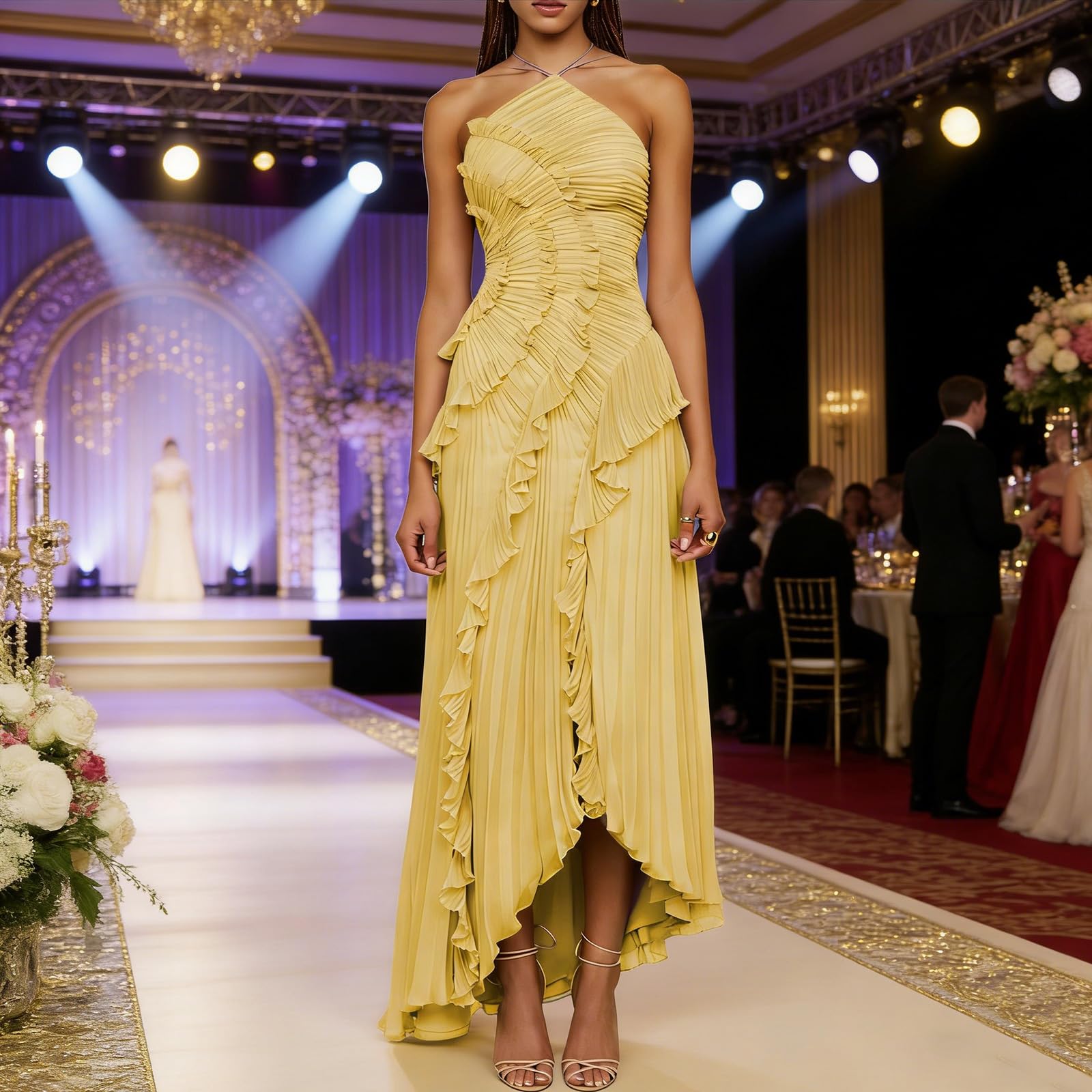 Robe longue plissée à bords lotus pour femme, dos nu, asymétrique à volants, robe de bal formelle, robe de bal de fin d'année, robe formelle pour invitée de mariage