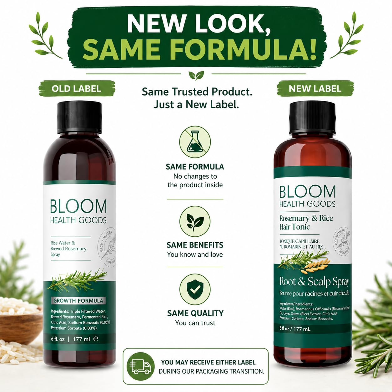Bloom Health Goods Spray de agua de romero y arroz de cosecha propia para la salud del cabello
