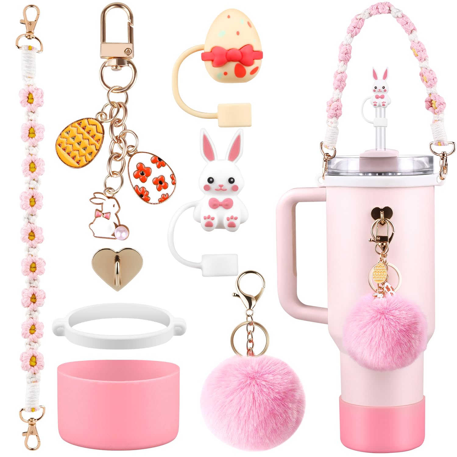 Cup Accessories Set for Stanley Cup,Water Bottle Handle Strap, Pink Siliocne Boot, Rabbit Straw Cover, Easter Charms, Egg Straw Topper for 40oz & 30oz