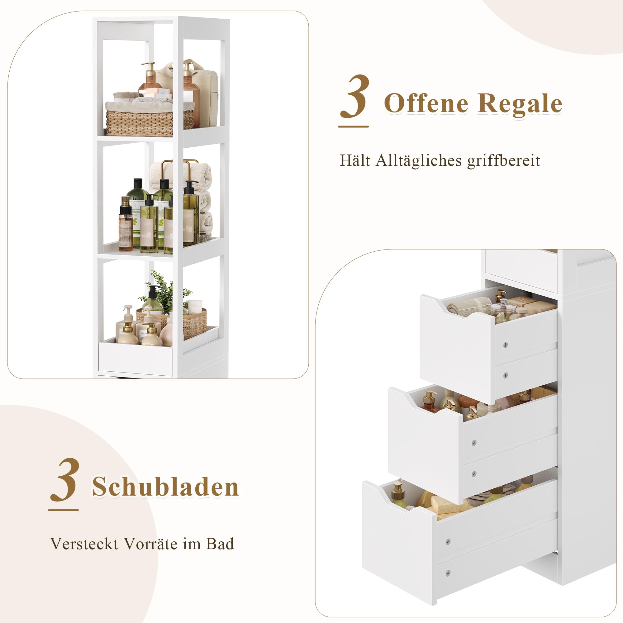 HOCSOK Badezimmerschrank, Badschrank Schmal mit 3 Badregal, 25 Breit