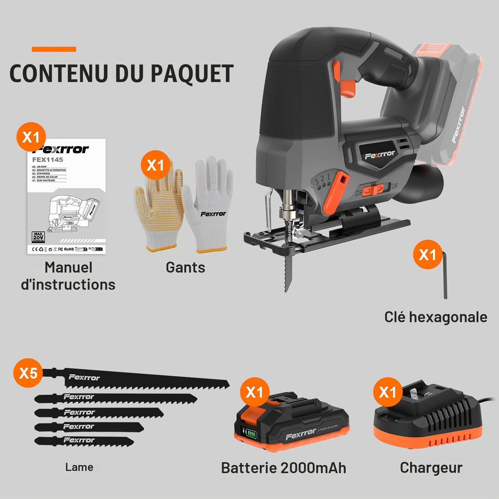 Scie Sauteuse Sans Fil, Scies Sauteuses Électriques Avec Batteries 20V, 5 Lames De Scie Sauteuse, Coupes En Biseau 0°-45°, Action Orbitale 4 Positions, Pour Coupe Droite/Courbe/Cercle