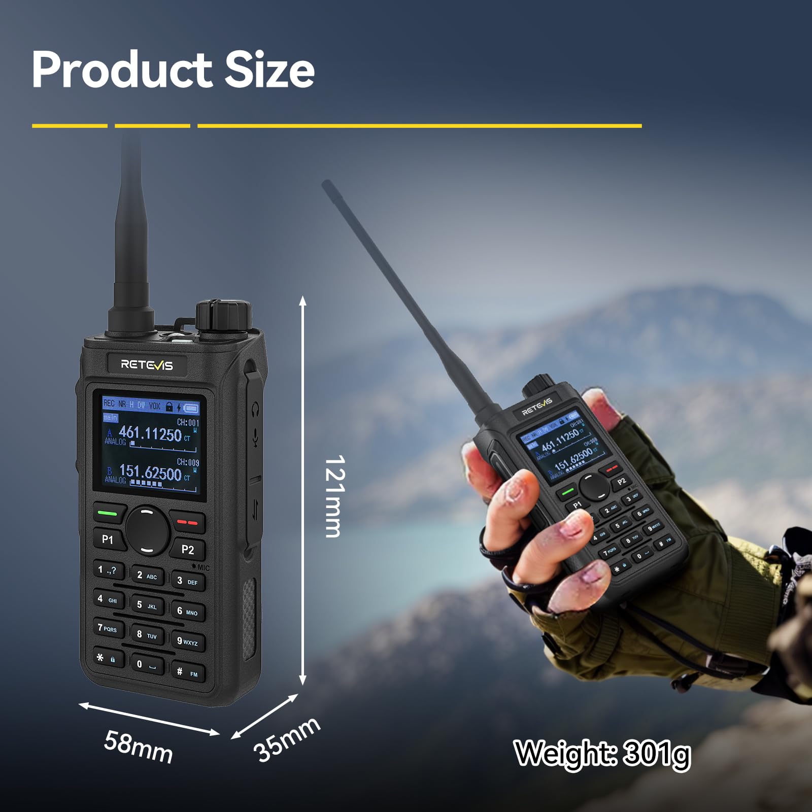 Retevis C62 Walkie Talkie Lungo Raggio, Professionali Ham Radio Bibanda, Display LCD, 2000mAh, Walkie Talkie Ricaricabili per Adulti, per Escursionismo/Caccia/Campeggio (Nero, 1 Pezzo)