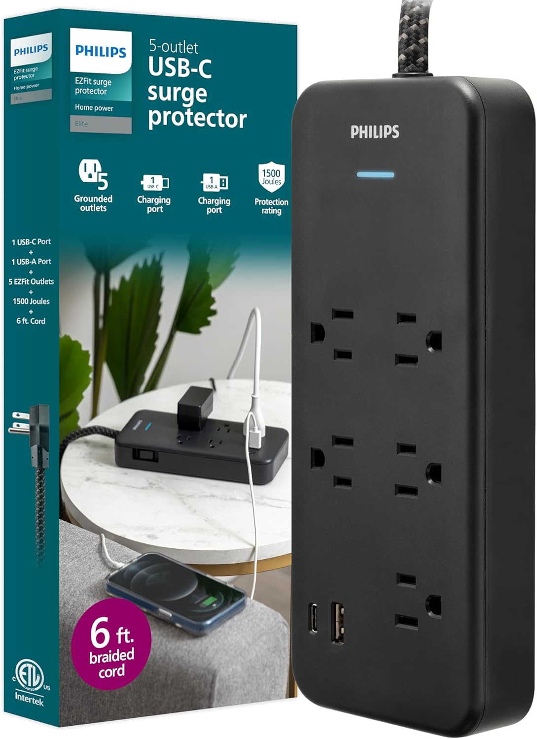 Philips 5-Outlet Surge Protector with USB, 1 USB-A, 1 USB-C, 15W Shared, 1500J, Adapter-Spaced, 6ft Braided Cord, Outlet Extender, Extension Cord, for Home School or Office, Black, SPP3303B/37