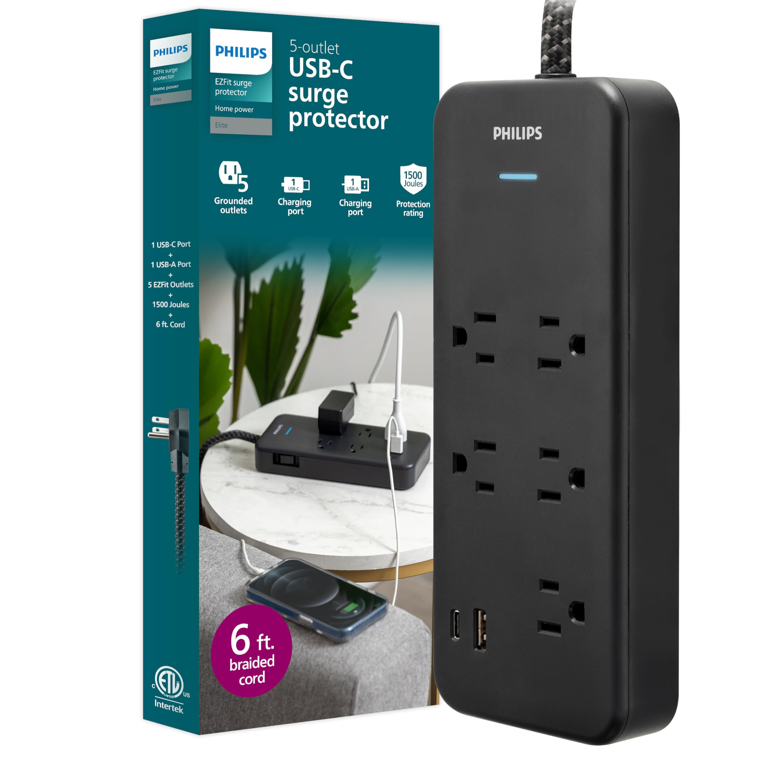 Philips Surge Protector Power Strip USB Ports, 6 Ft Braided Extension Cord