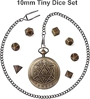 Vista 4 de Juego de dados DND diminutos de 0.394 in con funda de reloj de bolsillo vintage, juego de dados D&D de metal poliédrico para Dungeons and Dragons