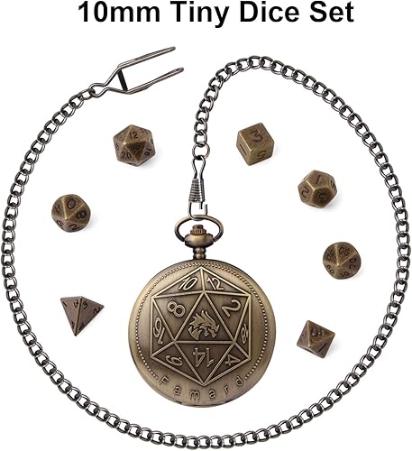 Miniatura 4 de Juego de dados DND diminutos de 0.394 in con funda de reloj de bolsillo vintage, juego de dados D&D de metal poliédrico para Dungeons and Dragons,