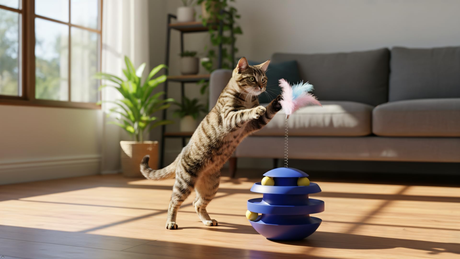 Interaktives Katzenspielzeug für Indoor-Katzen, Wackeln, rotierender Spaß-Tunnel-Ball mit Federstäbchen für gelangweilte Indoor-erwachsene Hunde und Katzen, um alleine zu spielen, zu