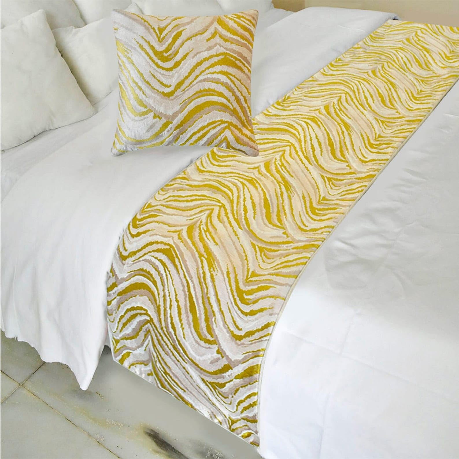 The HomeCentric King/Queen/Twin Yellow & Grey Decorative Bed Runner King 225x45 cm Bed Runner WITHOUT Cushion Cover, Abstract Wave Pattern Bed Scarf on Jacquard fabric - Yellow Whirls