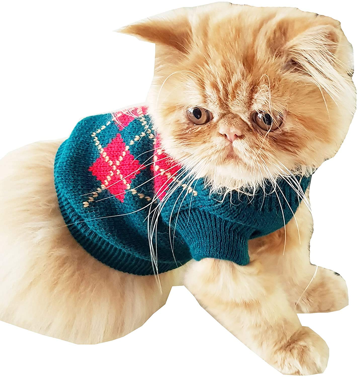 Warm Winter Green & Red Check Argyle SMALL DOG BREED ONLY Cat Knit Girl Boy Jumper (X-Small)