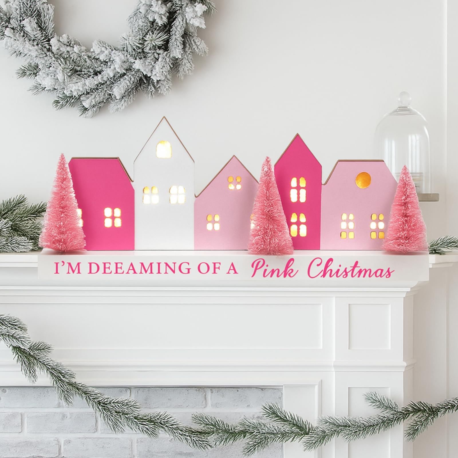 Amyhill Décorations de table de Noël en bois éclairées à DEL avec inscription « Merry Christmas » avec mots rustiques et rustiques - Bloc de table de fête de Noël - Décoration d'intérieur (rose)