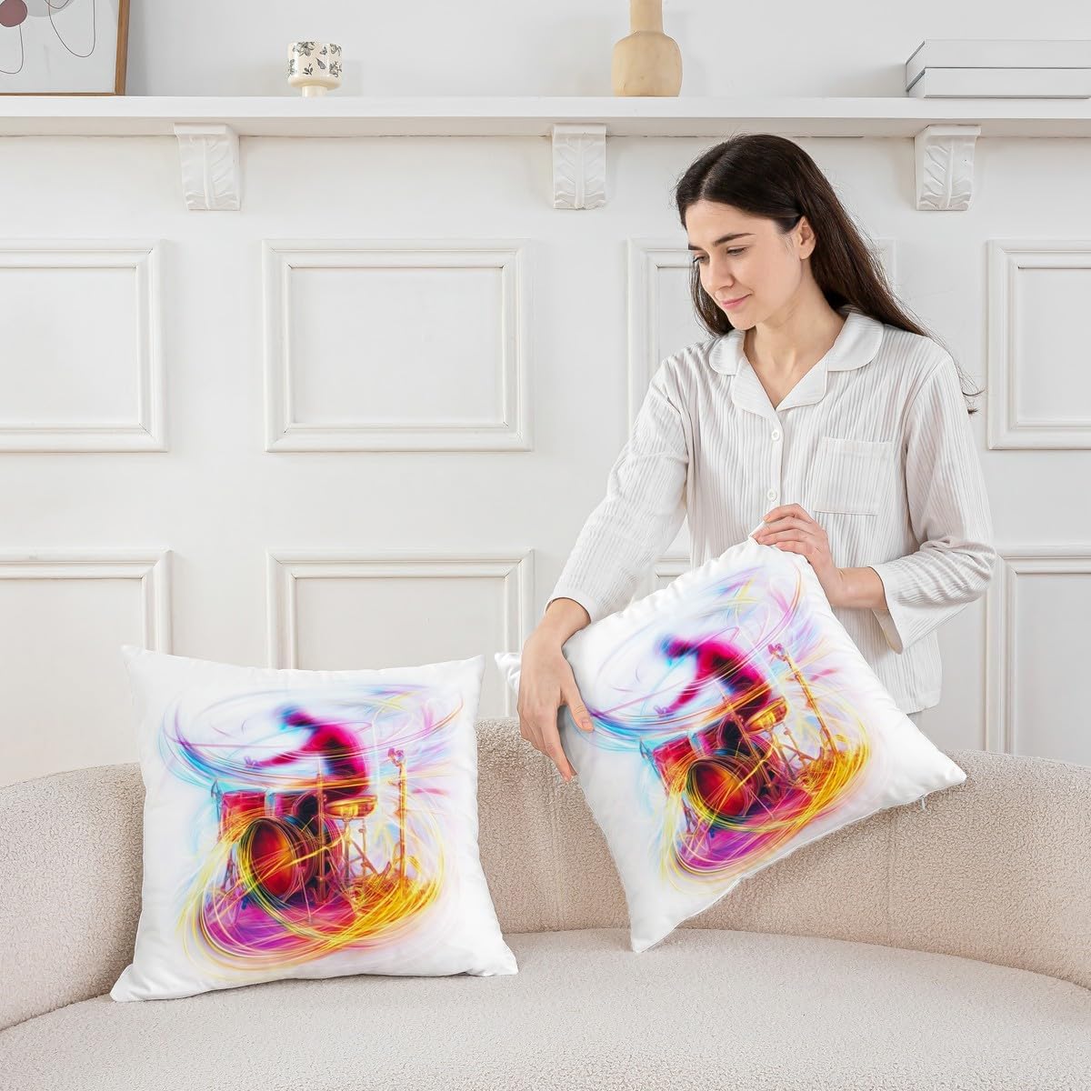 Erosebridal Pack of 2 Drum Kit Throw Pillow Covers Modern Rock Music Pillow Covers 18" L X 18" W Vibrant Drummer Pillowcases Neon Cushion Cases for Boys Girls Kids Adults image 3