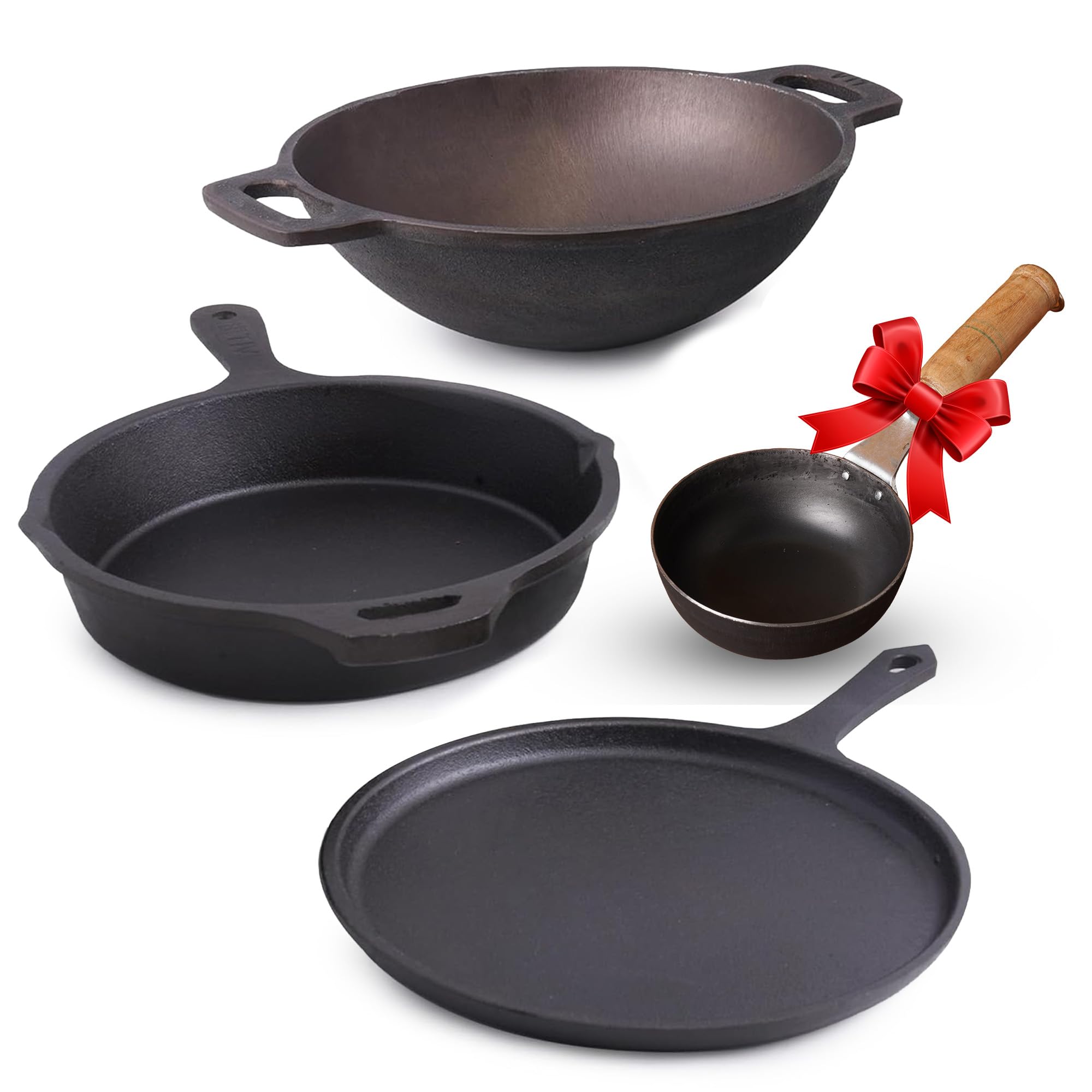 The Indus Valley Pre-Seasoned Cast Iron Cookware Set | Tawa(25.2cm), Fry Pan (25cm), Wok Model Kadai (26cm) & Tadka Pan (16.4cm) | Kitchen Cooking Combo Pots and Pans Set of 4Pcs Black