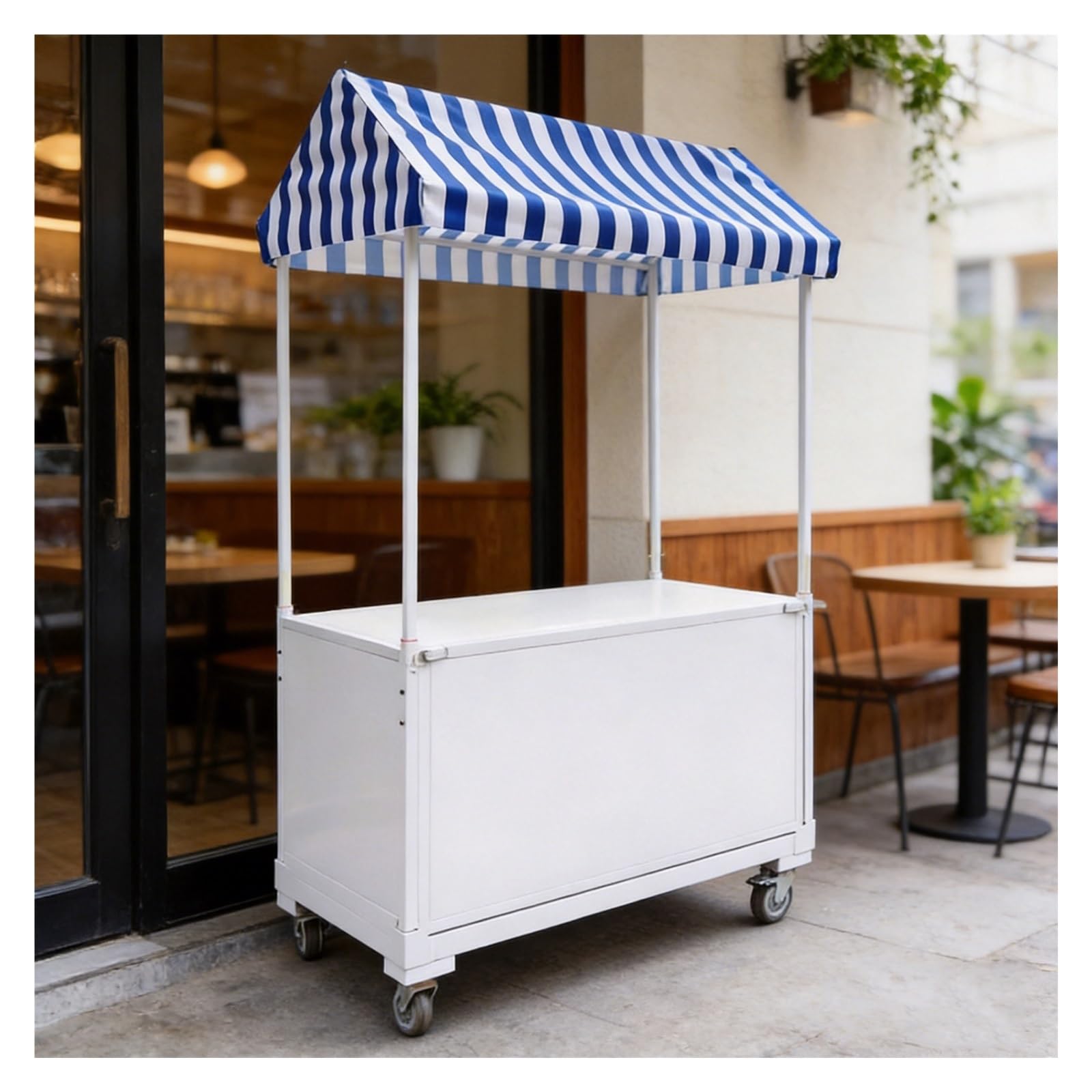 bacedifo Metal Market Stall Display Rack, Lockable Swivel Casters, Foldable Outdoor Markets Cart, Striped Canopy, Semi-enclosed Storage Cabinet, Product Display Stalls