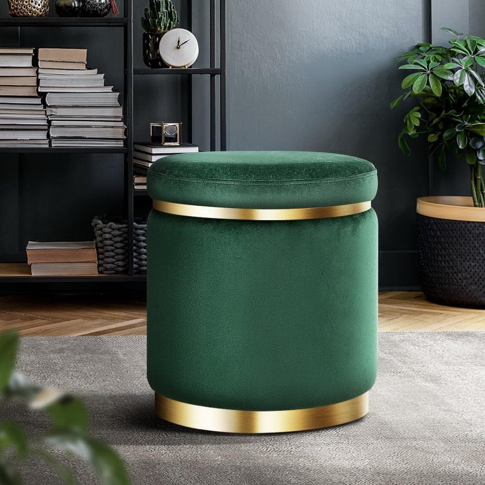 luxurious velvet sitting stool for living room and bedroom, wooden small ottoman footrest stool, sofa side stool, makeup chair, and pouf for office and home décor dark green