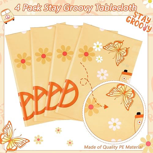 Miniatura 5 de Mantel de 4 piezas con diseño de margaritas y arco iris, retro, hippie y bohemio, desechables, impermeables, para decoración de fiesta de cumpleaños