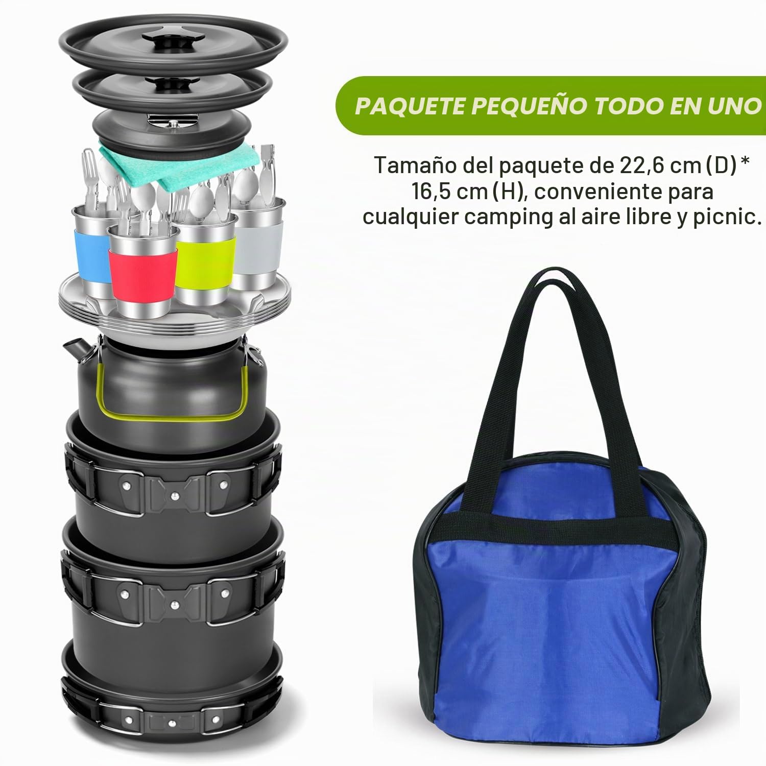 Odoland Kit de Utensilios de Cocina para Camping 29 pzas, Ollas y Sartenes Antiadherente de Camping con Contenedor de Agua y Cubo Plegable, Hervidor, Cubiertos Plegable, Copas, Platos para Acampada