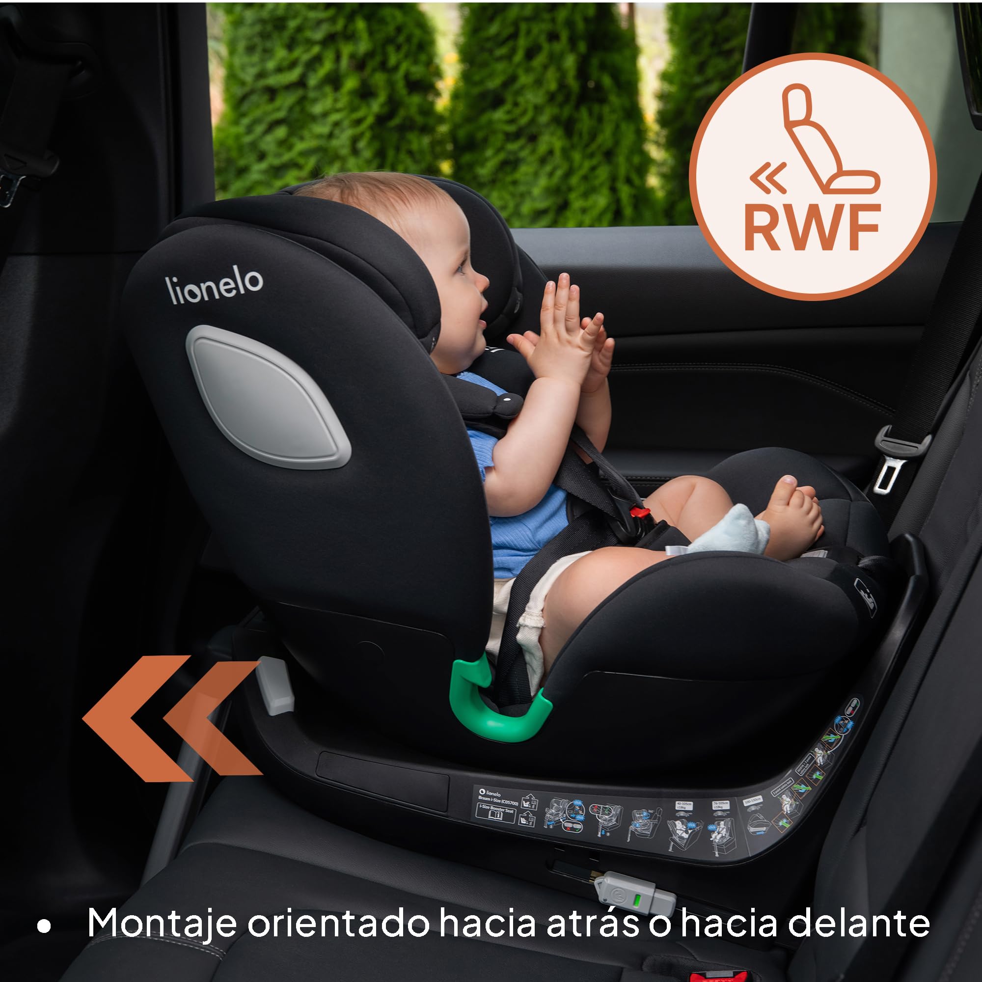 LIONELO BRAAM i-Size Silla de Coche para Bebé Giratoria 0-36kg, Instalación Delantera y Trasera, sistema de anclaje ISOFIX+, pie estabilizador, Reposacabezas y Respaldo Ajustable