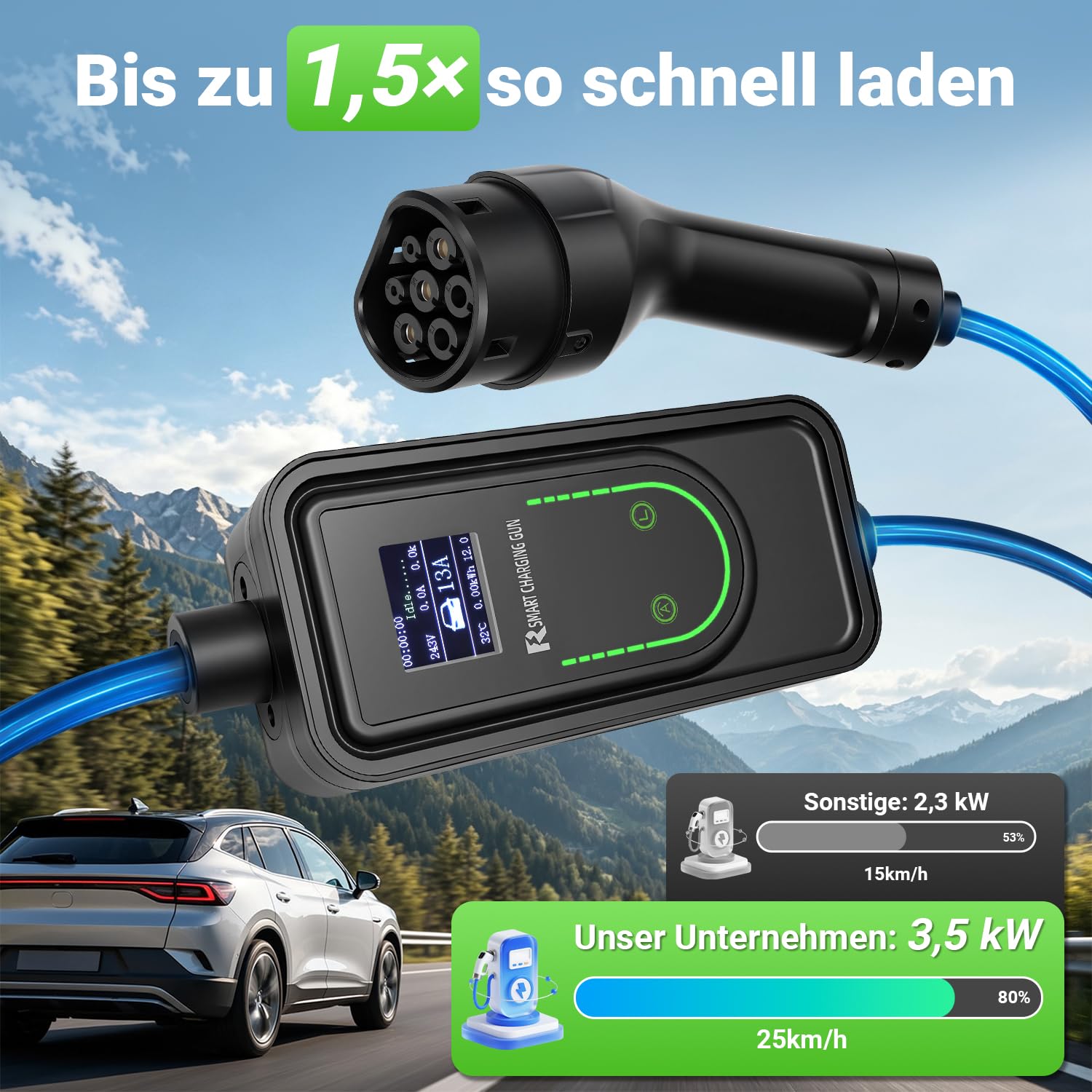 Cargador EV 3,5 kW, tipo 2,6 m, 6 – 16 A, Schuko, 1 fase, Mobile