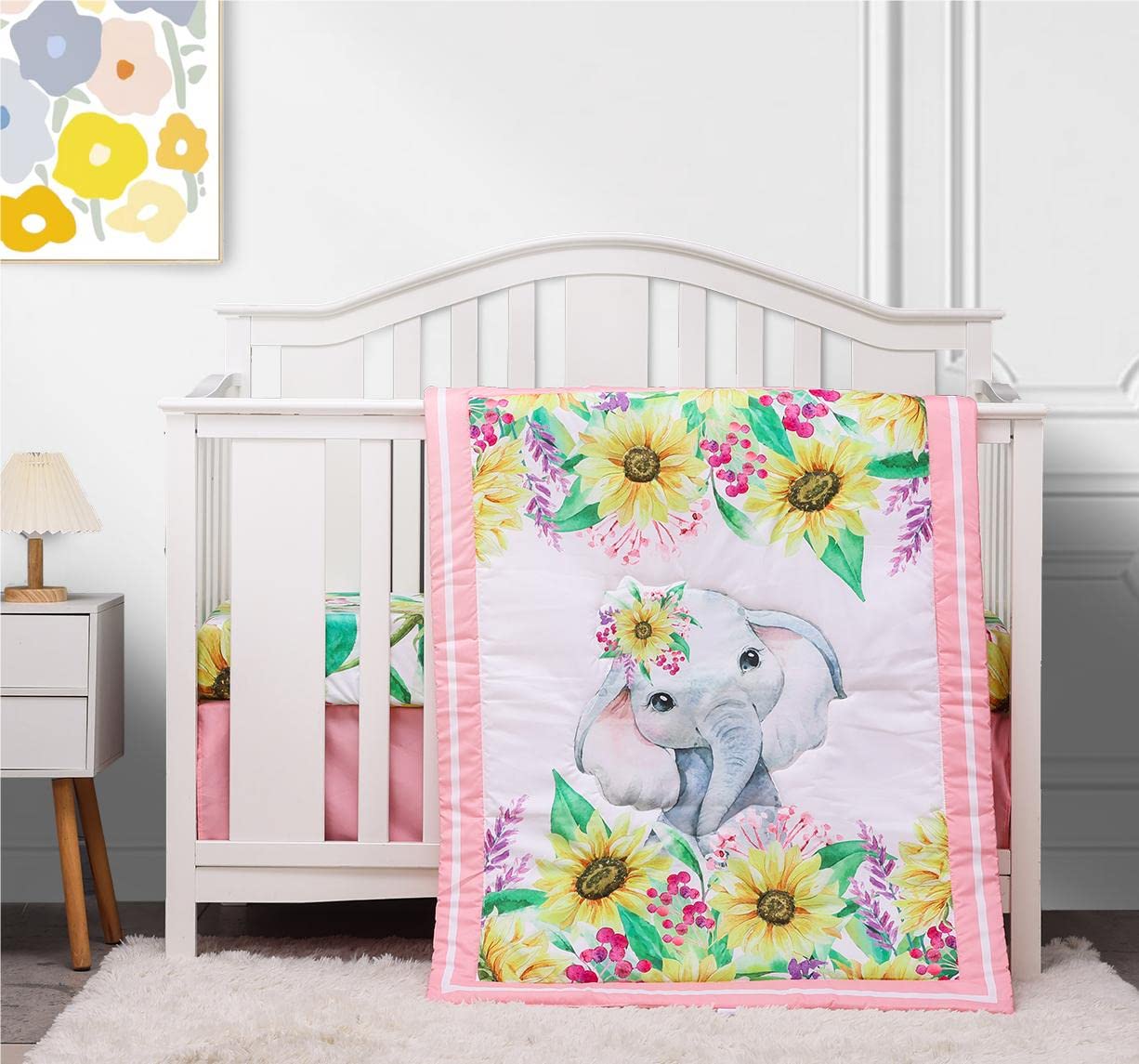 Sweet baba Pink Cartoon Elephant Crib Bedding Set for Girls,3 Piece-Crib  Sheet/Crib Skirt/Quilt