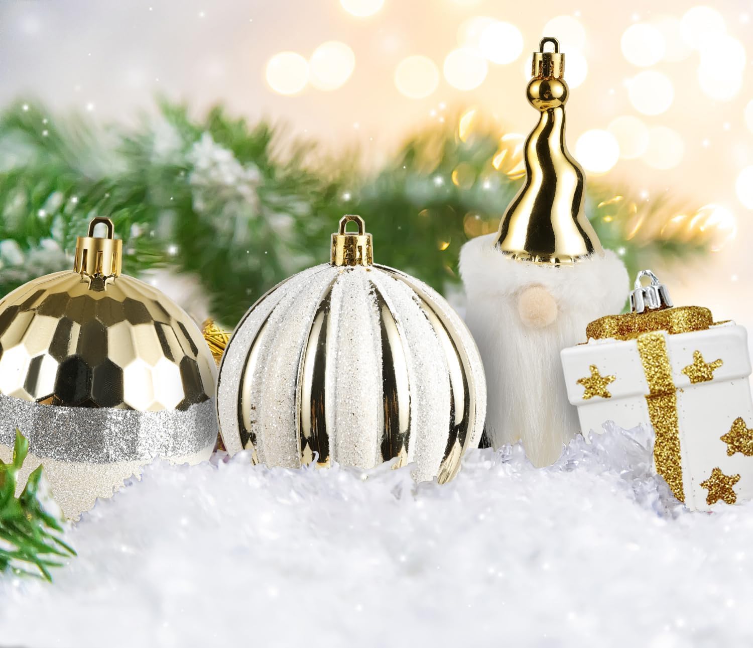 Christmas Ball Ornaments Set, 68 ct White Gold Elf Theme Xmas Assorted Ornament, Shatterproof Decorative Hanging Ball Ornament for Party Wedding Christmas Tree Decoration - Image 8