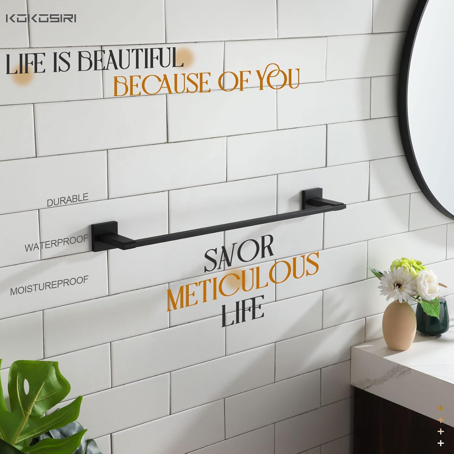 KOKOSIRI 24 Inch Bathroom Towel Bar Bath Towel Holders Hand Towel Ring Matte Black B4006BK-L24+B3004BK