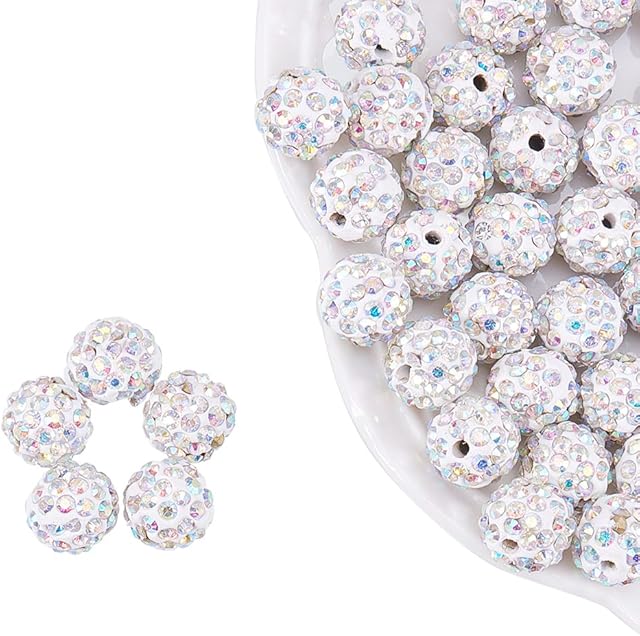 NBEADS 100 Pcs 10mm Crystal Disco Ball Beads White Shamballa Beads Crystal Rhinestone Beads Round Spacer Bead for Jewelry Crafts Making