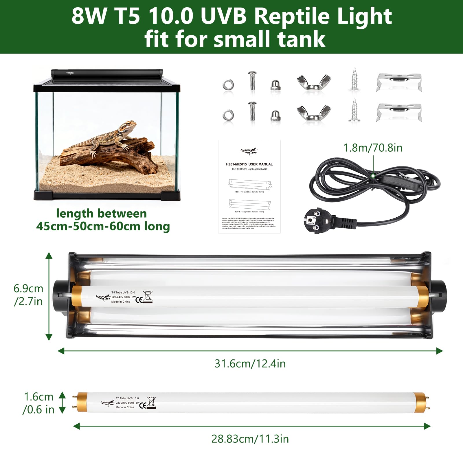 T5 8W 10.0 UVB Luz Kit Combinado de luminaria de Reptiles, 10.0 UVB para Reptiles Desierto, lámpara uvb 12.4"/ 31cm, Tubo de Alta Salida para dragón Barbudo Lagarto Tortuga