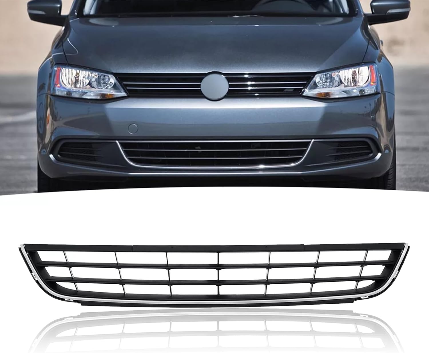 Front Lower Bumper Grille Compatible With 2011-2014 VW Volkswagen Jetta Black With Chrome Trim Grill 5C6853671RYP VW1036120