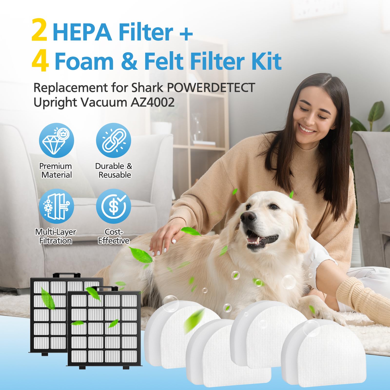 AZ4002 Filtros de repuesto compatibles con Shark POWERDETECT aspiradora vertical AZ4002 AZ4000 AZ4000C AZ4002W, 2 filtros HEPA y 4 filtros de espuma y fieltro