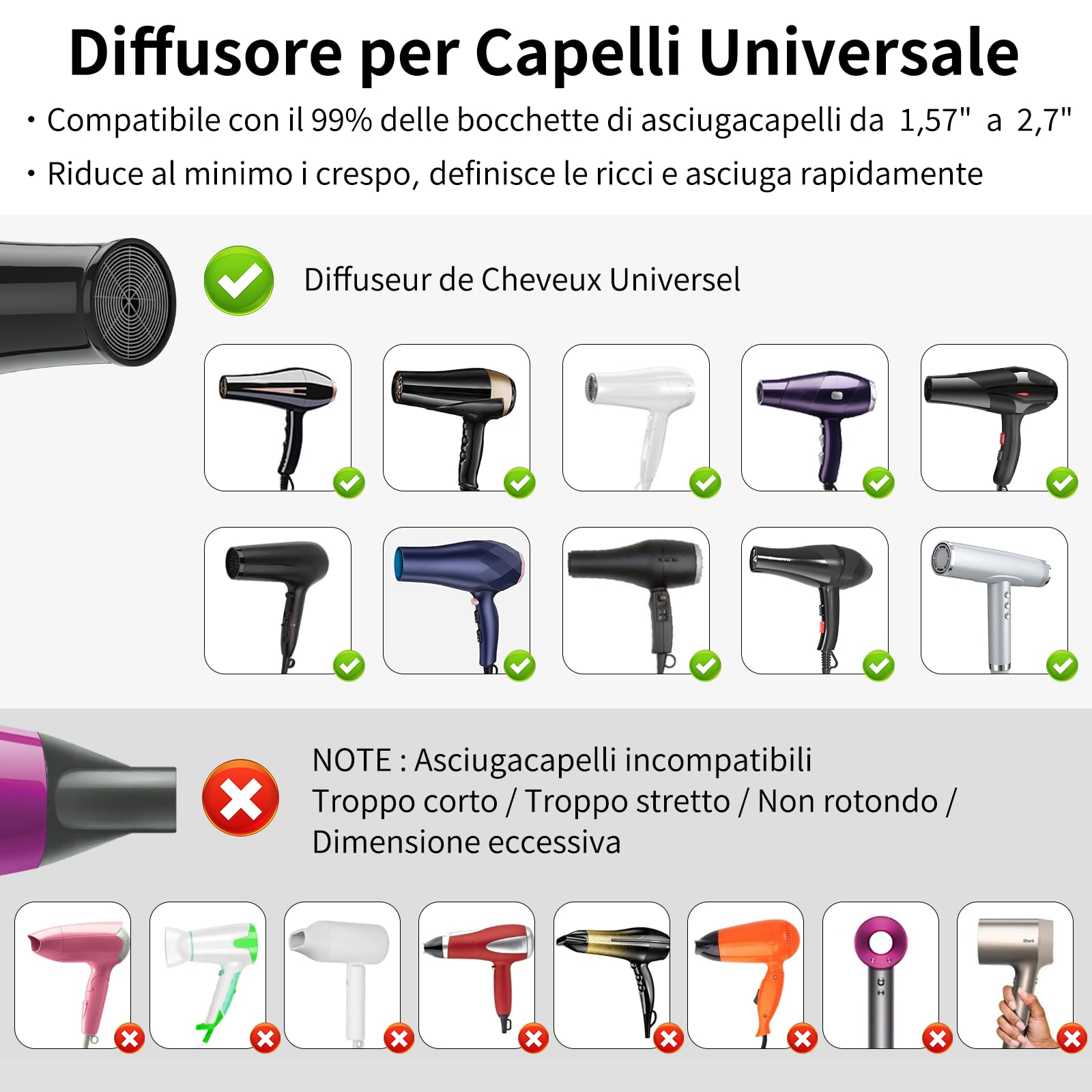 AISEELY Diffusore per Capelli, Universale dei Capelli Diffusore, Diffusore Per Asciugacapelli In Silicone, Diffusore per Capelli Ricci Neri Regolabile da 4cm a 7cm
