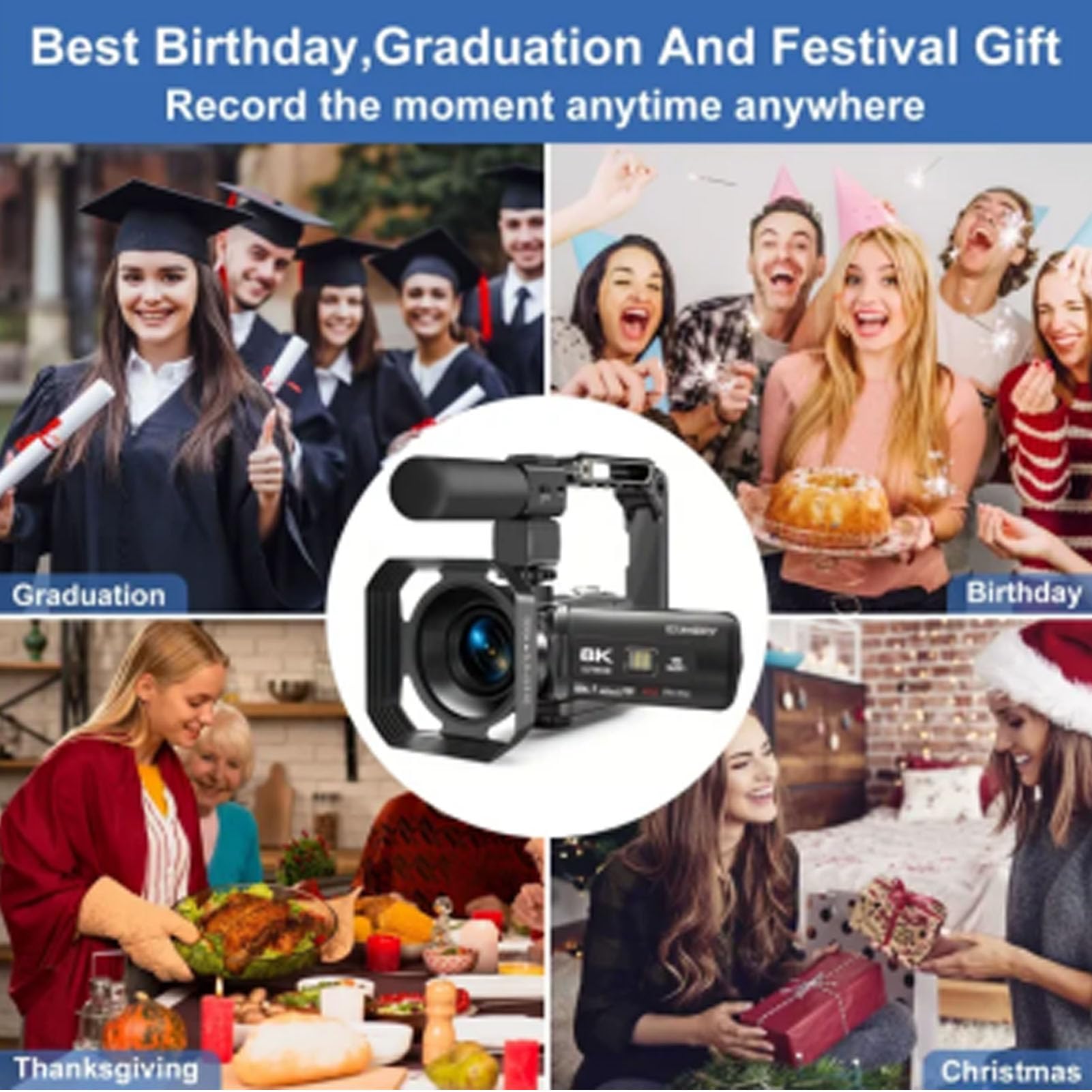 Denash Cámara de Vídeo 8K, Videocámara HD de 64 MP con Pantalla Táctil de 3,0", Zoom Digital de 18x y Estabilización de 6 Ejes, Cámara Vlogging con Micrófono para Fotografía