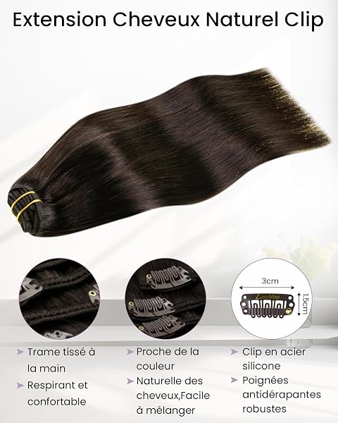 LaaVoo Extension Clip Cheveux Naturel – Brun Foncé – Double Trame – 40cm 5pcs 80g – pour Soirée Clip Pratique – Lisse – #2 - 2