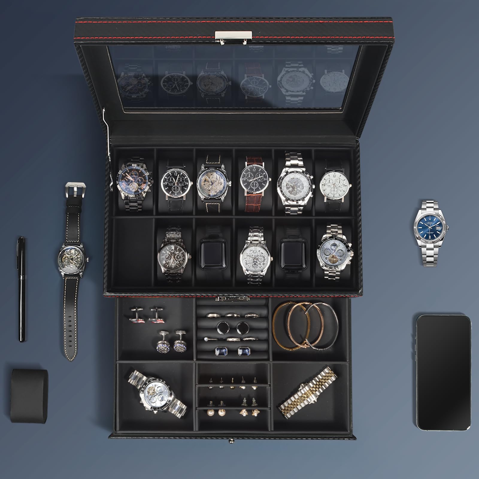 Boîte à montres et bijoux, rangement pour 12 montres sur 2 niveaux avec grand couvercle en verre, coffret de rangement pour montres homme avec serrure, présentoir pour montres, cadeau pour homme et