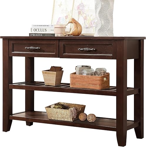 Mesa consola de madera maciza de 42 pulgadas, mesa de sofá de madera de pino con cajones de almacenamiento y estantes, mesa de entrada retro para